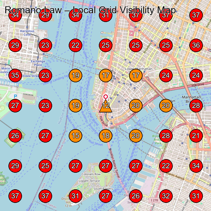 Romano Law GeoGrid visibility map for Legal Services in New York